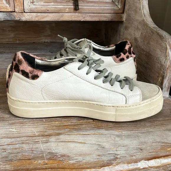 🤍 P448 White Leather Leopard Sneakers Size 39 Suede Toe Platform