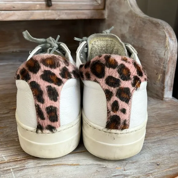 🤍 P448 White Leather Leopard Sneakers Size 39 Suede Toe Platform