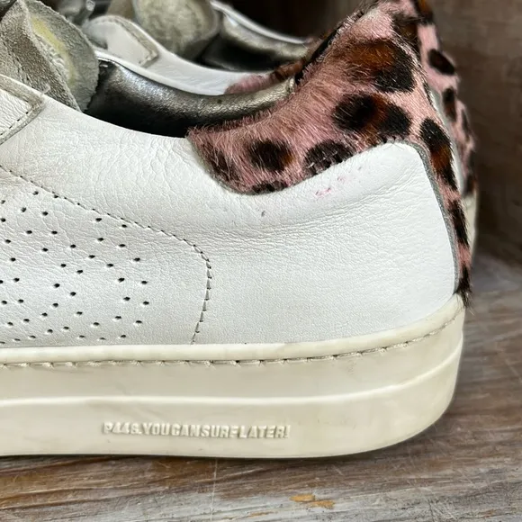 🤍 P448 White Leather Leopard Sneakers Size 39 Suede Toe Platform