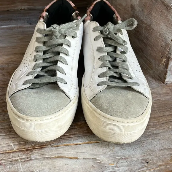 🤍 P448 White Leather Leopard Sneakers Size 39 Suede Toe Platform