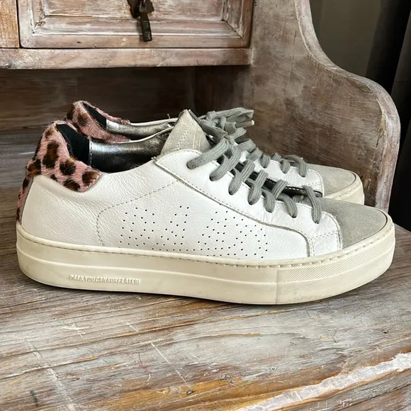 🤍 P448 White Leather Leopard Sneakers Size 39 Suede Toe Platform