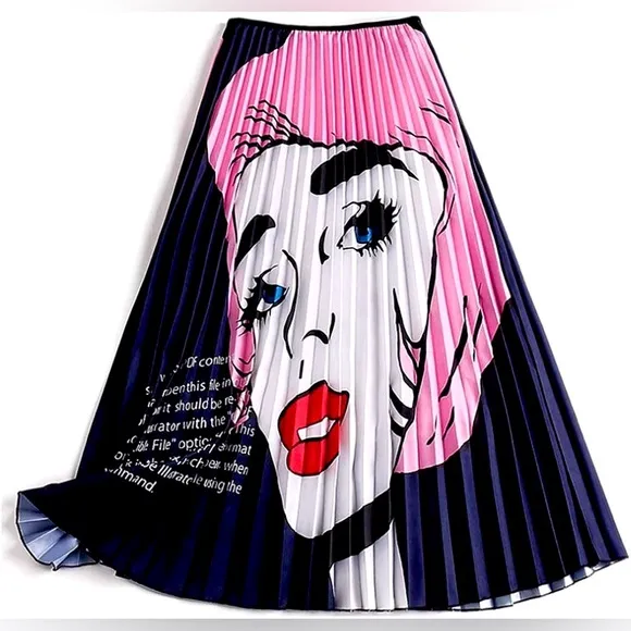 1950s Retro Housewife Skirt Pleated Midi Silk-Satin Pink Black Blue Medium/Large