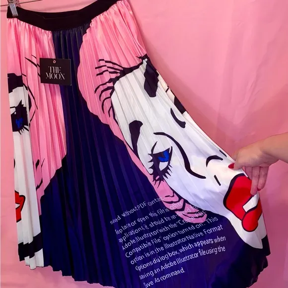 1950s Retro Housewife Skirt Pleated Midi Silk-Satin Pink Black Blue Medium/Large