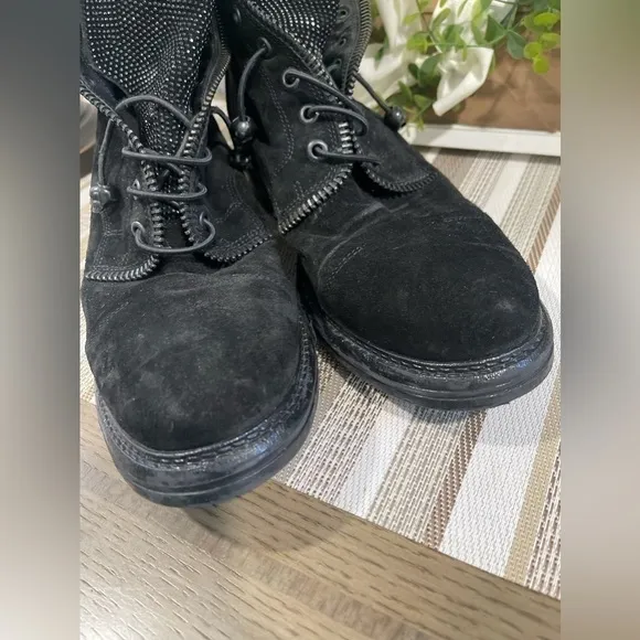 275 Central Womens Lace Up Studded Crystal Combat Ankle Boots Black Suede 40