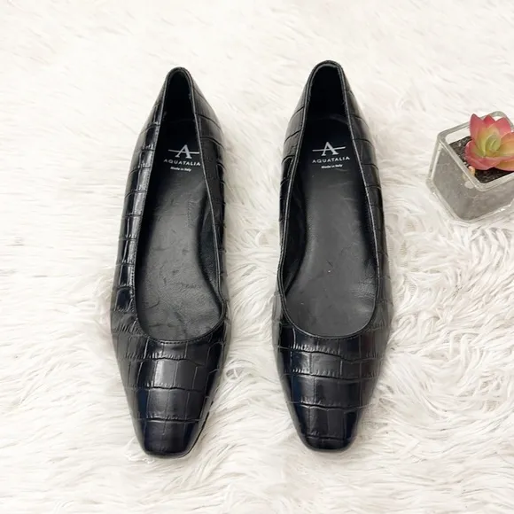 $425 NEW AQUATALIA Marcella Black leather croc ballet flats women size 6.5