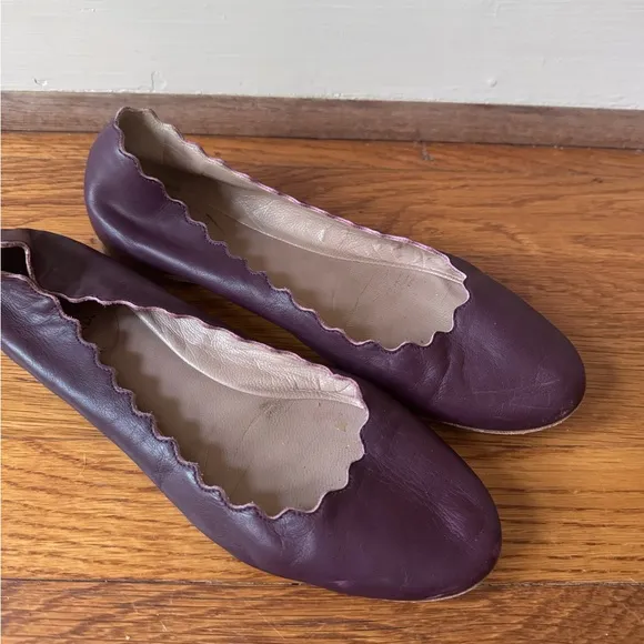 $595 Chloe Scalloped Leather Lauren Ballerina Flats Purple ballet leather‎ red