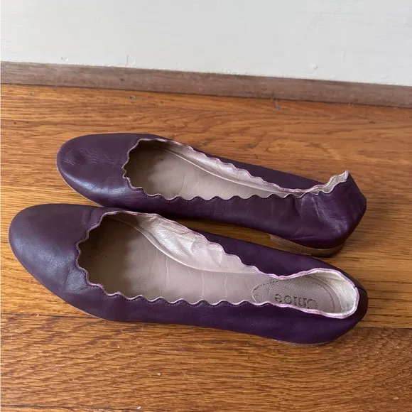 $595 Chloe Scalloped Leather Lauren Ballerina Flats Purple ballet leather‎ red