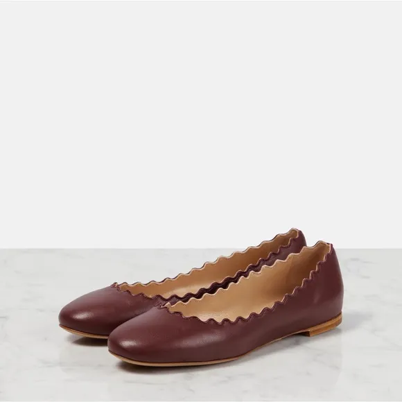 $595 Chloe Scalloped Leather Lauren Ballerina Flats Purple ballet leather‎ red