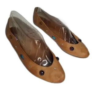 80s Vintage Joan &amp; David Vegetable Tanned Leather Be-jeweled Tan Flats Size 7.5