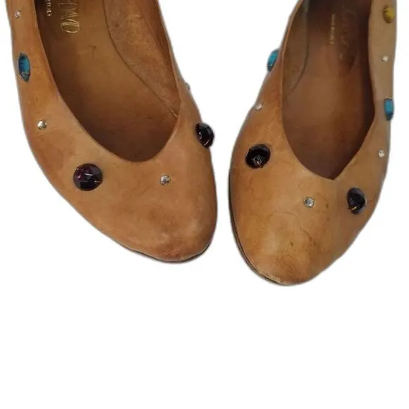 80s Vintage Joan &amp; David Vegetable Tanned Leather Be-jeweled Tan Flats Size 7.5