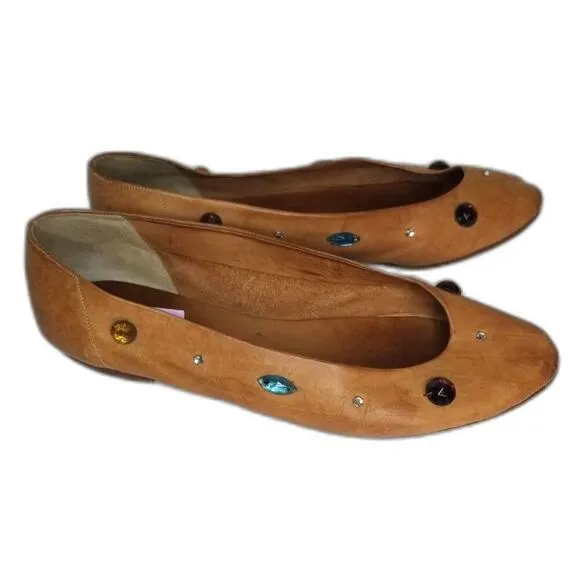 80s Vintage Joan &amp; David Vegetable Tanned Leather Be-jeweled Tan Flats Size 7.5