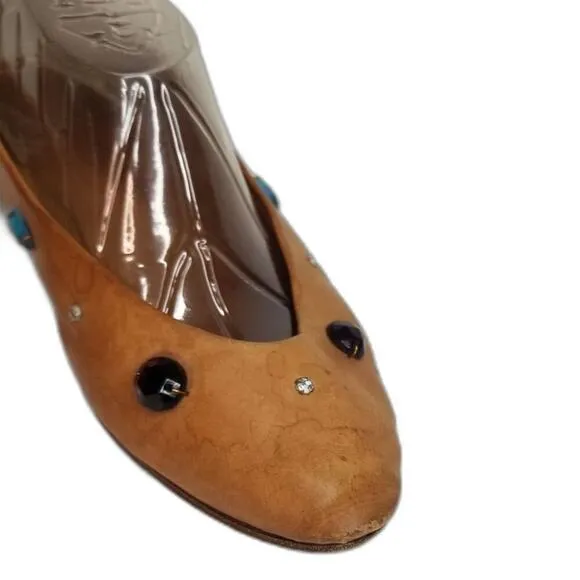 80s Vintage Joan &amp; David Vegetable Tanned Leather Be-jeweled Tan Flats Size 7.5