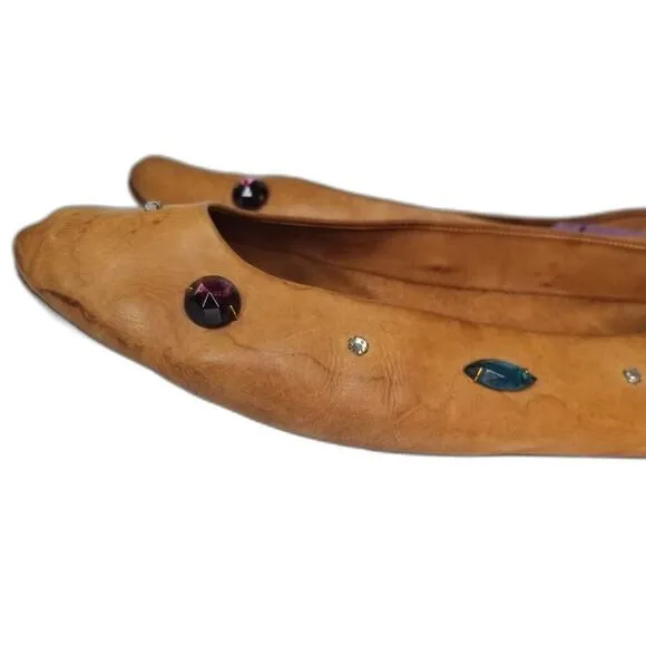 80s Vintage Joan &amp; David Vegetable Tanned Leather Be-jeweled Tan Flats Size 7.5