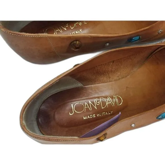 80s Vintage Joan &amp; David Vegetable Tanned Leather Be-jeweled Tan Flats Size 7.5