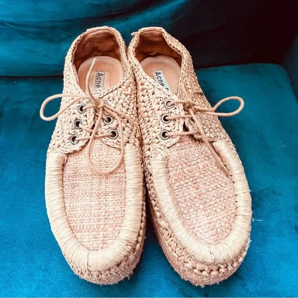 ACNE RAFFIA “STREY” WOVEN PLATFORM FLATFORM TIE LOAFERS SIZE 8.5