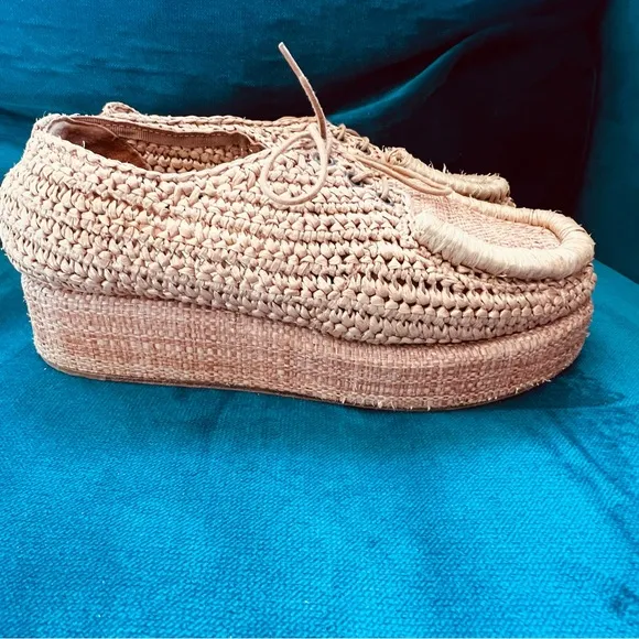 ACNE RAFFIA “STREY” WOVEN PLATFORM FLATFORM TIE LOAFERS SIZE 8.5