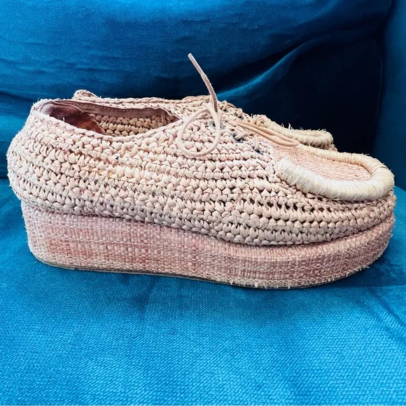 ACNE RAFFIA “STREY” WOVEN PLATFORM FLATFORM TIE LOAFERS SIZE 8.5