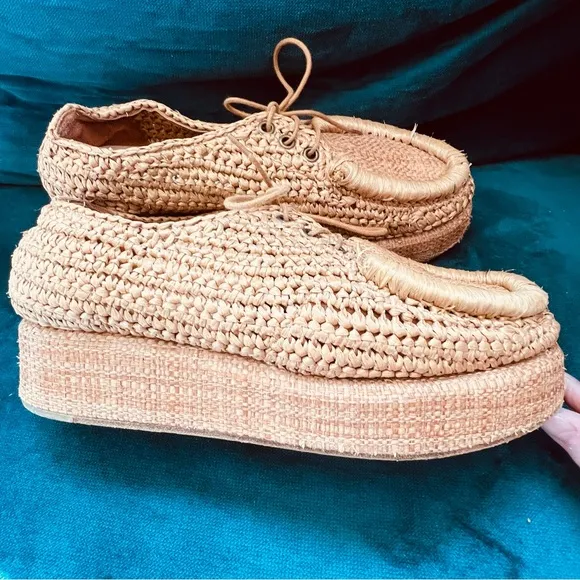 ACNE RAFFIA “STREY” WOVEN PLATFORM FLATFORM TIE LOAFERS SIZE 8.5