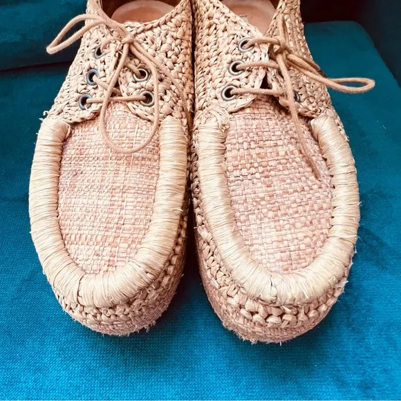 ACNE RAFFIA “STREY” WOVEN PLATFORM FLATFORM TIE LOAFERS SIZE 8.5