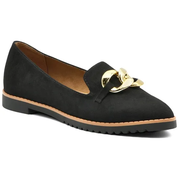 Adrienne Vittadini Lari Black and Gold Chain Detail Flats