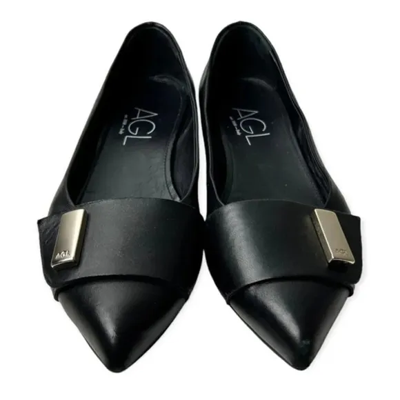 AGL Attilio Giusti Leombruni Black Leather Pointy Flats
