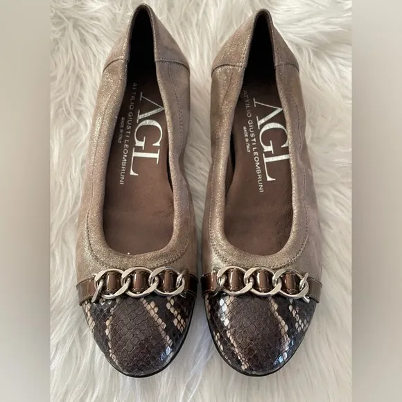 Agl Attilio Giusti Leombruni Cap Toe Chain Ballet Flats Snakeskin Size 6.5