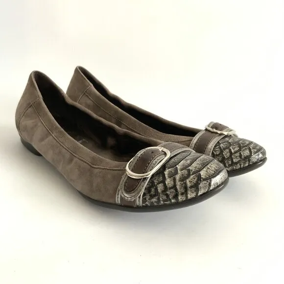 AGL Ballet Flats Size 37 Taupe Pewter Snake Cap-toe Buckle Front Shoe