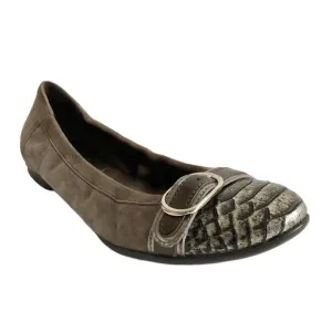 AGL Ballet Flats Size 37 Taupe Pewter Snake Cap-toe Buckle Front Shoe
