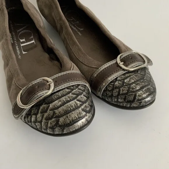 AGL Ballet Flats Size 37 Taupe Pewter Snake Cap-toe Buckle Front Shoe