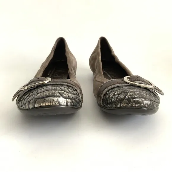 AGL Ballet Flats Size 37 Taupe Pewter Snake Cap-toe Buckle Front Shoe