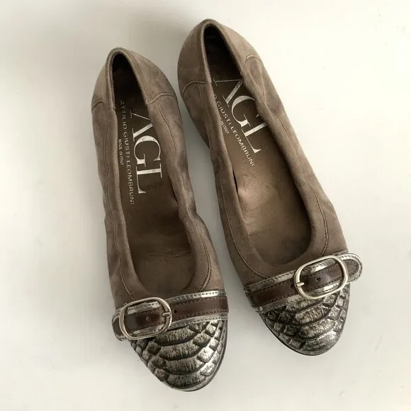 AGL Ballet Flats Size 37 Taupe Pewter Snake Cap-toe Buckle Front Shoe