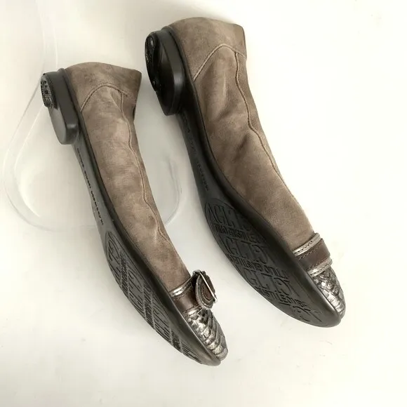AGL Ballet Flats Size 37 Taupe Pewter Snake Cap-toe Buckle Front Shoe