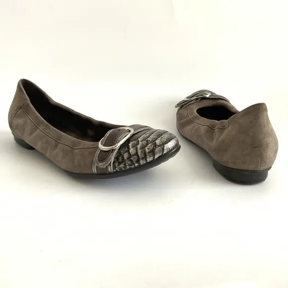 AGL Ballet Flats Size 37 Taupe Pewter Snake Cap-toe Buckle Front Shoe