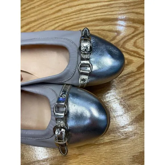 AGL Ballet Flats Women's 9.5 Sliver Gray Leather Slip On Cap Toe Comfort S25