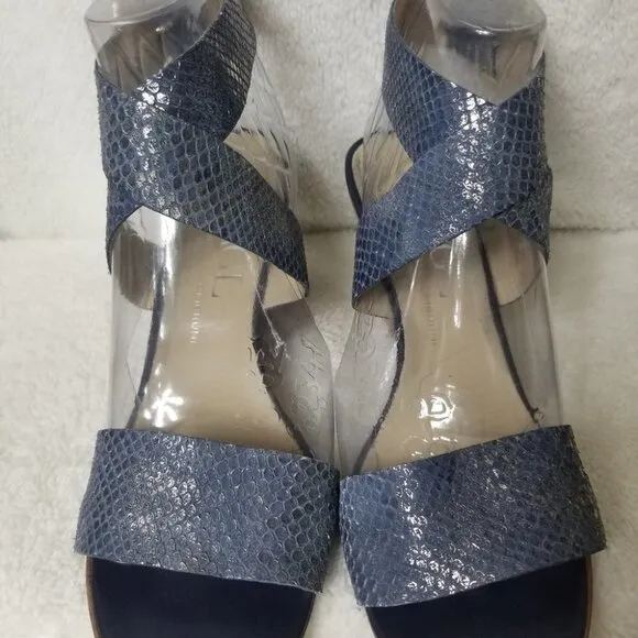 AGL blue snakeskin ankle strap wedge sandals