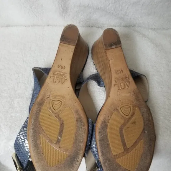 AGL blue snakeskin ankle strap wedge sandals