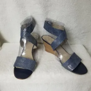 AGL blue snakeskin ankle strap wedge sandals