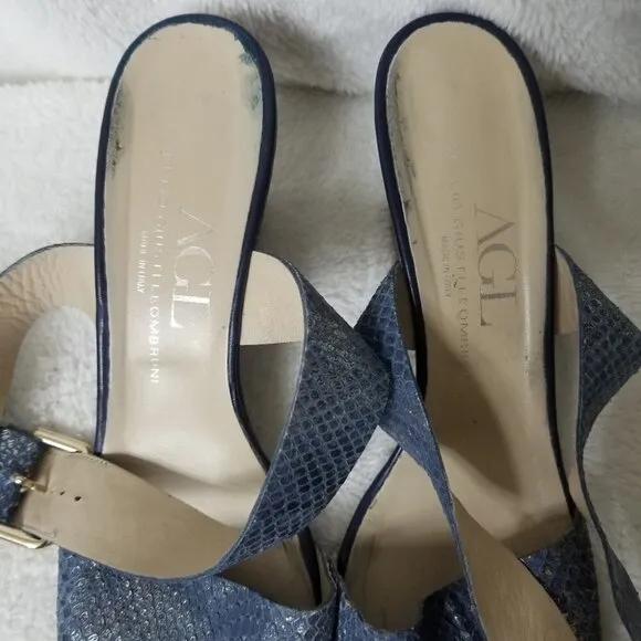 AGL blue snakeskin ankle strap wedge sandals