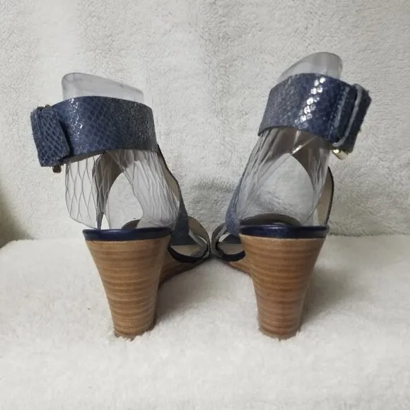 AGL blue snakeskin ankle strap wedge sandals