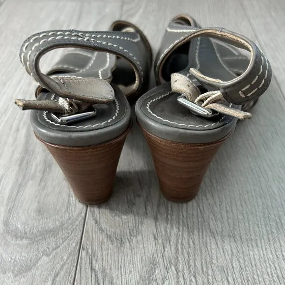 AGL Leather Ankle Strap Open Toe Block Heel Sandals