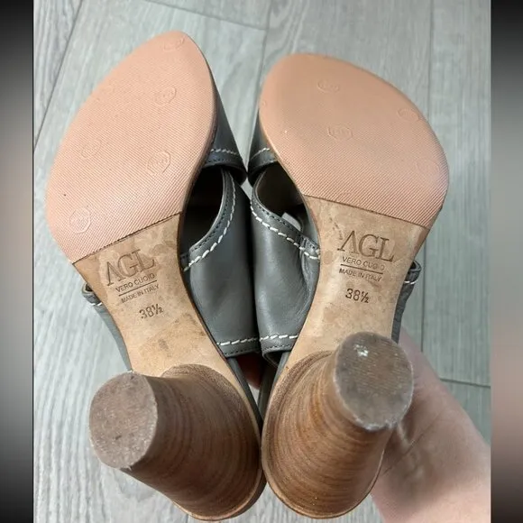 AGL Leather Ankle Strap Open Toe Block Heel Sandals