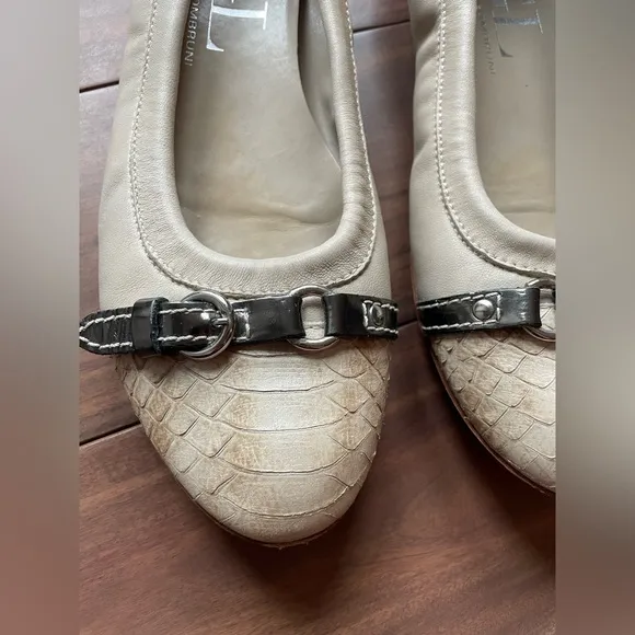 AGL Monika Cap Toe Cream Neutral Leather Embossed Buckle Ballet Flats