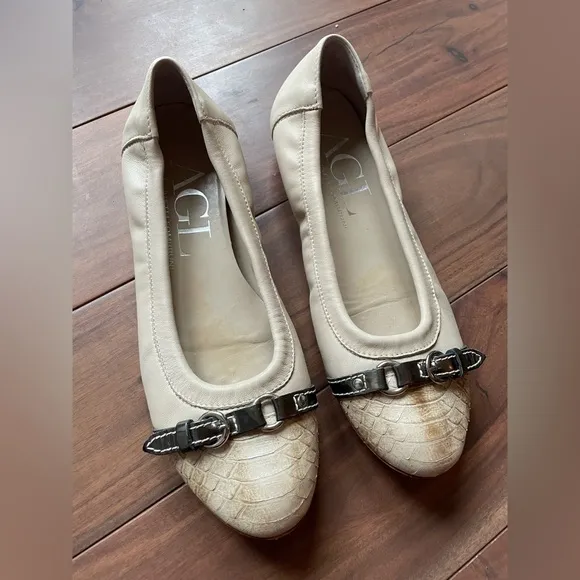 AGL Monika Cap Toe Cream Neutral Leather Embossed Buckle Ballet Flats