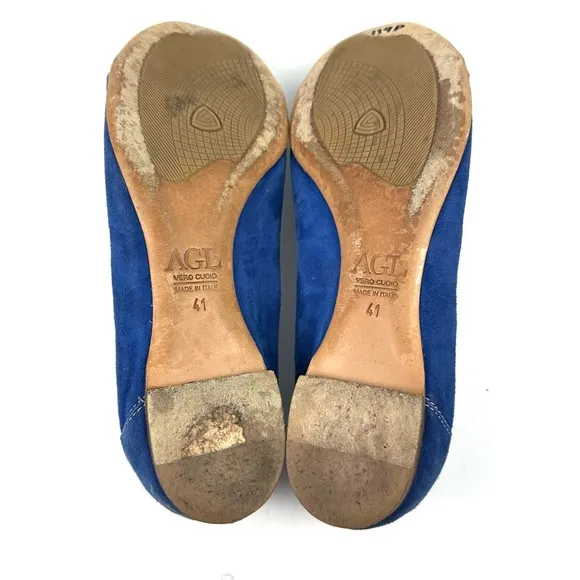AGL Monika Flats 41 Blue Suede Slip On Comfort Shoes Snakeskin Toe Italy