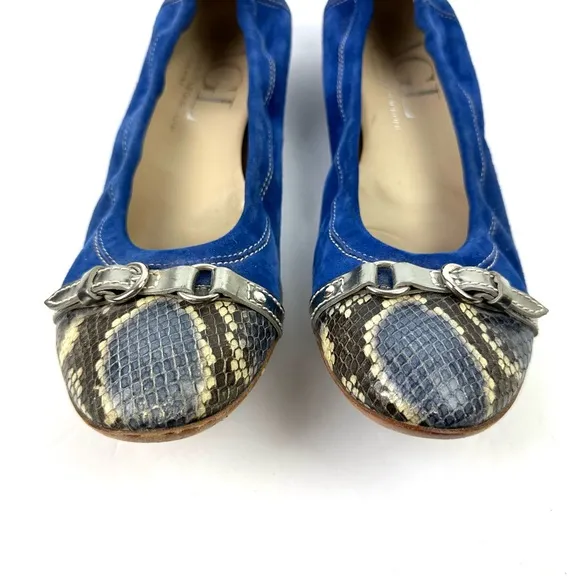 AGL Monika Flats 41 Blue Suede Slip On Comfort Shoes Snakeskin Toe Italy