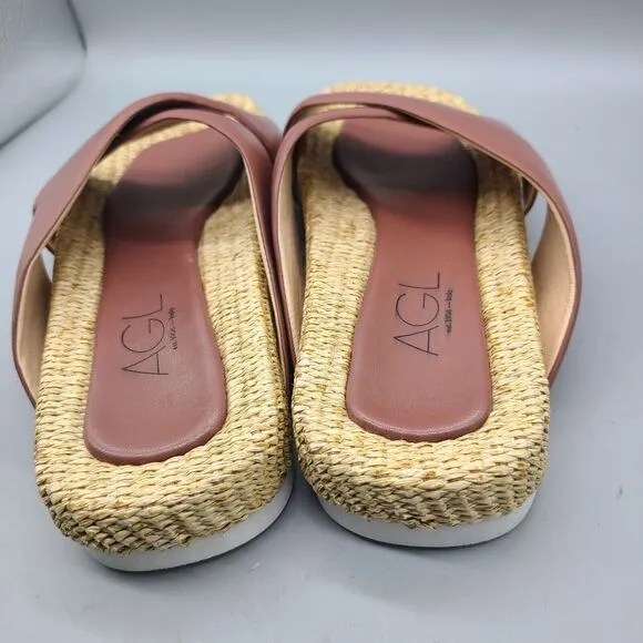 AGL Sandals Womens Sz 8/38 Holly Straps Slip On Flats Comfort Leather raffia New