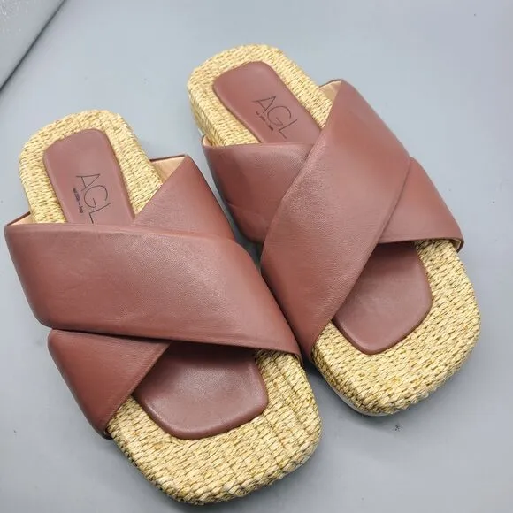 AGL Sandals Womens Sz 8/38 Holly Straps Slip On Flats Comfort Leather raffia New