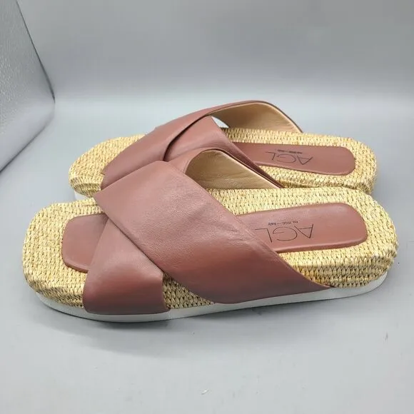 AGL Sandals Womens Sz 8/38 Holly Straps Slip On Flats Comfort Leather raffia New