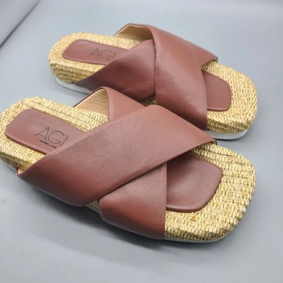 AGL Sandals Womens Sz 8/38 Holly Straps Slip On Flats Comfort Leather raffia New
