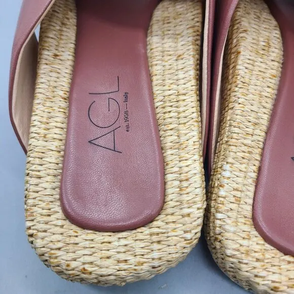 AGL Sandals Womens Sz 8/38 Holly Straps Slip On Flats Comfort Leather raffia New